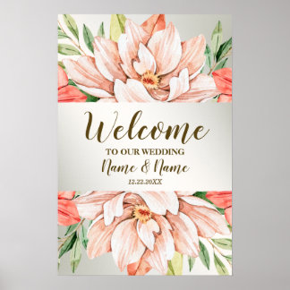 Welcome Wedding Party Peach Orange Flowers Leaves Poster