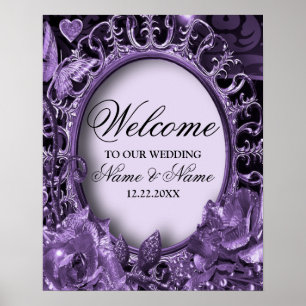 Welcome Wedding Party Purple Floral Frame Elegant Poster