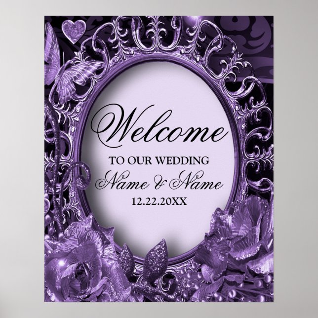 Welcome Wedding Party Purple Floral Frame Elegant Poster (Front)