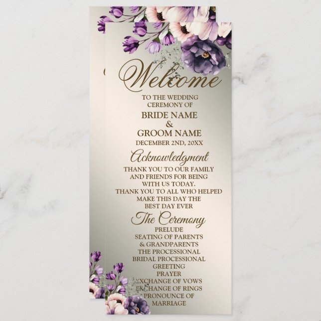 Welcome Wedding Party Purple Pink Flowers Golden Programme (Front/Back)