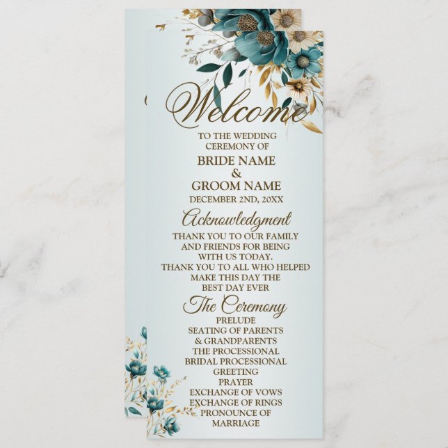 Welcome Wedding Party Turquoise Flower Gold Leaves Programme (Front/Back)