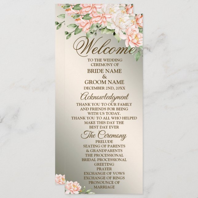Welcome Wedding Party Watercolor Peach Flowers Programme (Front/Back)