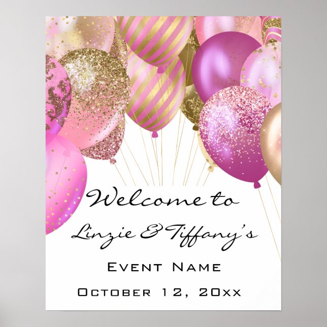 Welcome Wedding Poster  Pink Gold Ballons White (Front)