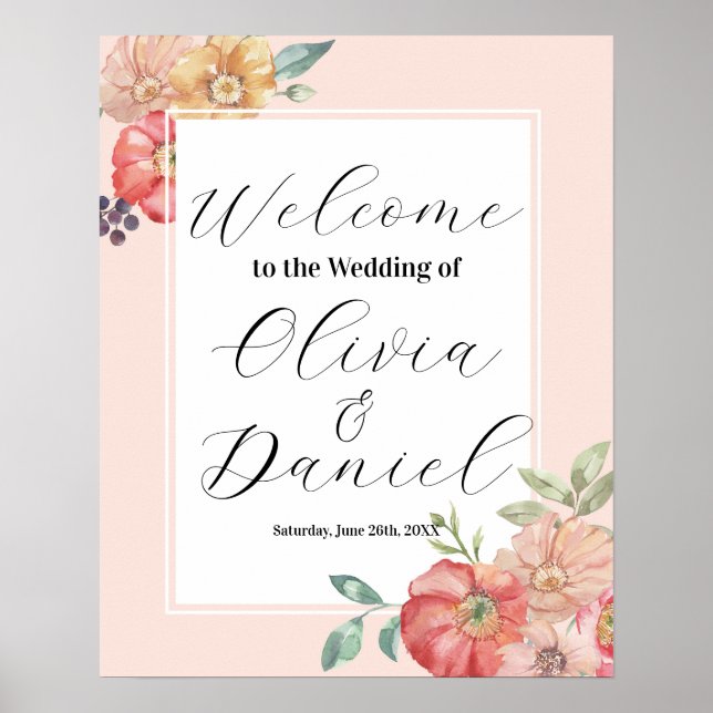 Welcome Wedding Poster Sign Watercolor Florals (Front)