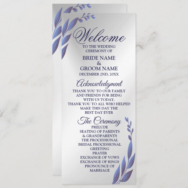 Welcome Wedding Purple Blue Floral Silver Modern Programme (Front/Back)