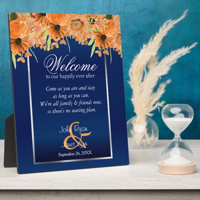 Welcome Wedding Seating- Orange Flowers/ Navy Blue Plaque (Side)