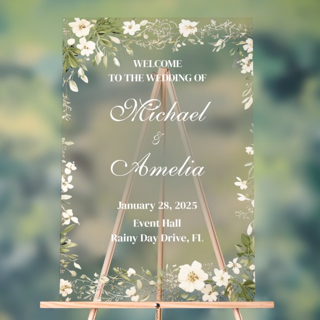 Welcome Wedding Sign boho white green olive floral (Neutral)