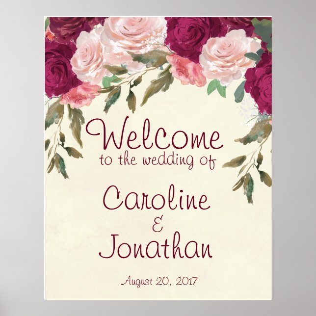 Welcome wedding sign burgundy pink floral (Front)