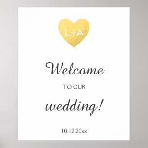 Welcome wedding sign, faux gold heart, initials poster