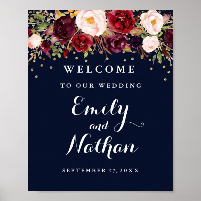 Welcome Wedding Sign Gold Burgundy Navy Floral (Front)