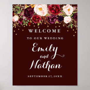 Welcome Wedding Sign Gold Confetti Burgundy Floral