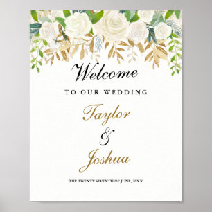 Welcome Wedding Sign Gold Floral Leaf Watercolor