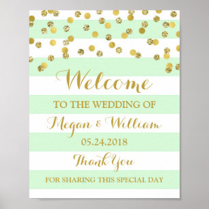 Welcome Wedding Sign Mint Stripes Gold Confetti