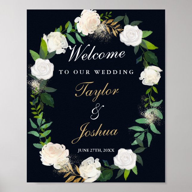Welcome Wedding Sign Navy Floral Wreath (Front)
