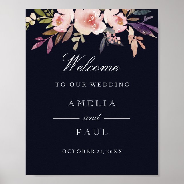 Welcome Wedding Sign Navy Pink Watercolor Peonies (Front)