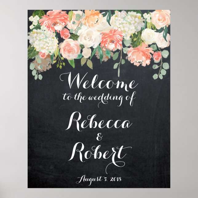 Welcome wedding sign peach ivory floral chalkboard (Front)