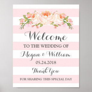 Welcome Wedding Sign Pink Flowers Stripes