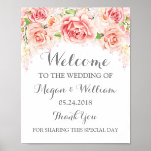 Welcome Wedding Sign Pink Watercolor Flowers