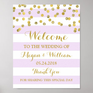 Welcome Wedding Sign Purple Stripes Gold Confetti