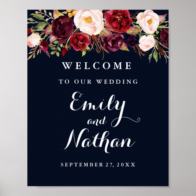 Welcome Wedding Sign Rustic Burgundy Navy Floral (Front)