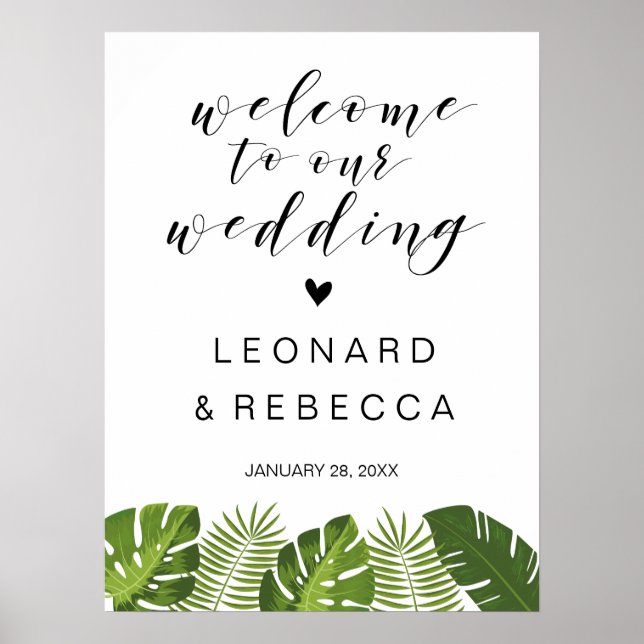 Welcome wedding sign | tropical leaves (Front)