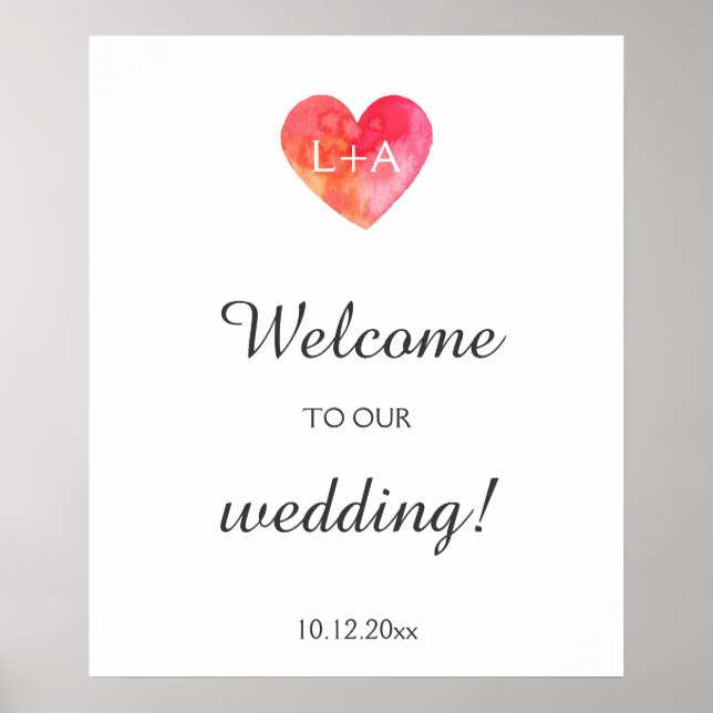 Welcome wedding sign, watercolor heart, initials poster (Front)