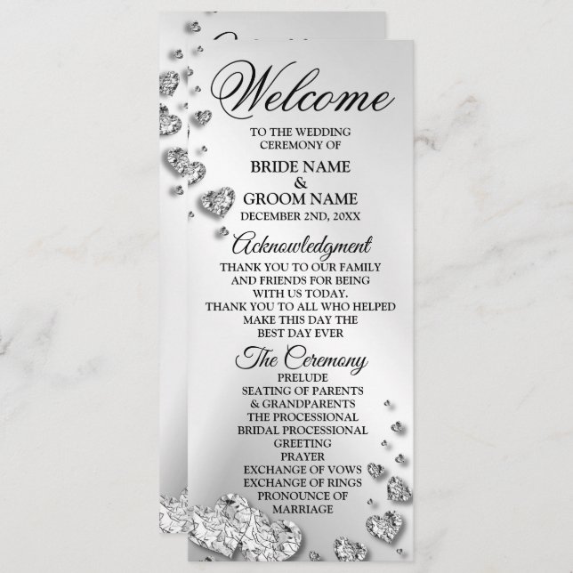 Welcome Wedding Silver Hearts Grey Elegant Rustic Programme (Front/Back)