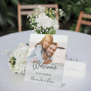 Welcome wedding silver photo script pedestal sign