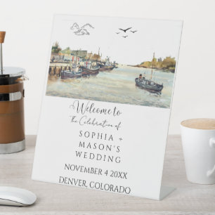 Welcome Wedding Watercolor Seascape Coastal Boats Pedestal Sign