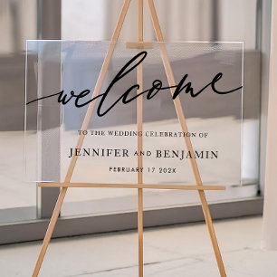 welcome   White Black Calligraphy Simple Wedding Acrylic Sign