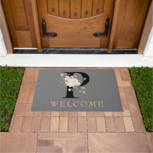 WELCOME White Floral Gold Accents Monogram P Doormat