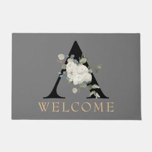 WELCOME White Floral Monogram A Doormat