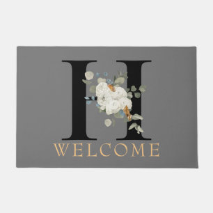 WELCOME White Floral Monogram H Doormat