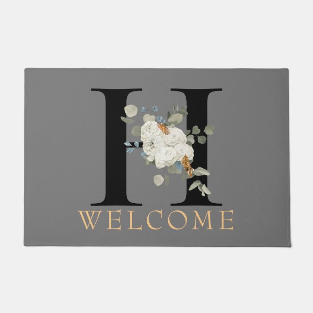 WELCOME White Floral Monogram H Doormat (Front)