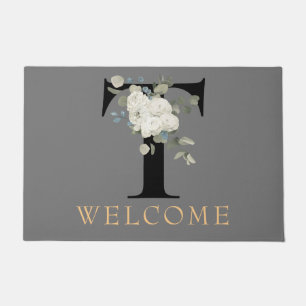 WELCOME White Floral Monogram T Doormat