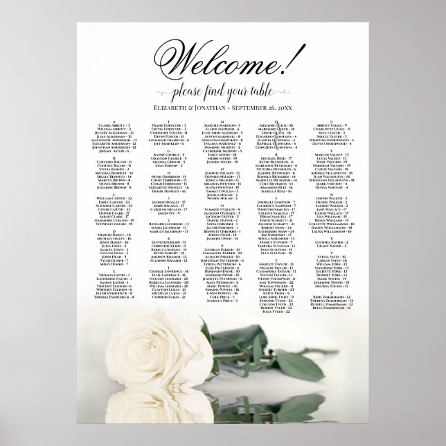 Welcome! White Rose Alphabetical Seating Chart (Front)