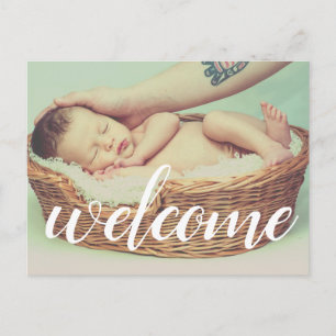 Welcome White Script Overlay Photo Personalised Announcement Postcard