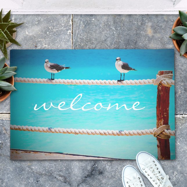 Welcome White Seagull Birds at Blue Ocean Photo Doormat (Creator Uploaded)
