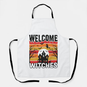 Welcome Witches Vintage Halloween Engraving Design Apron
