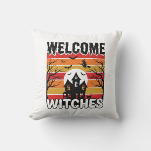 Welcome Witches Vintage Halloween Engraving Design Cushion