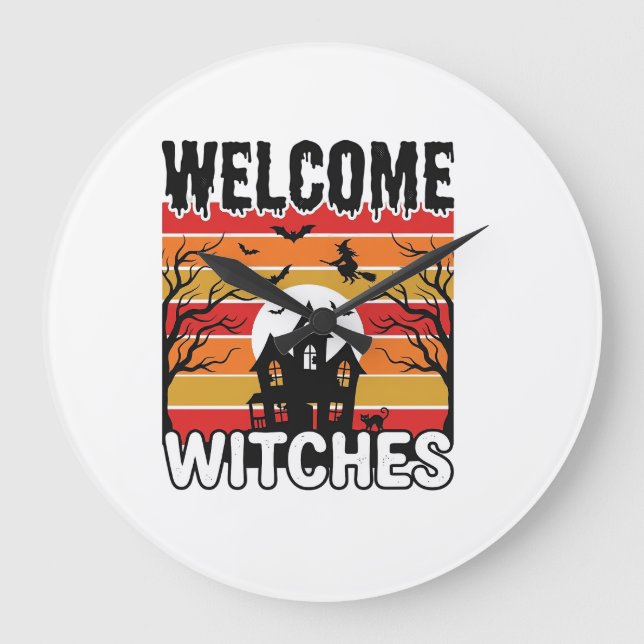 Welcome Witches Vintage Halloween Engraving Design Large Clock (Front)