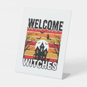 Welcome Witches Vintage Halloween Engraving Design Pedestal Sign