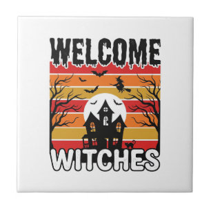 Welcome Witches Vintage Halloween Engraving Design Tile
