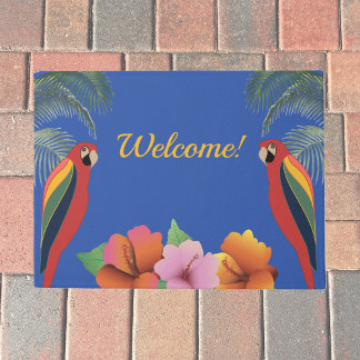 Welcome with tropical parrots and hibiscus flowers doormat