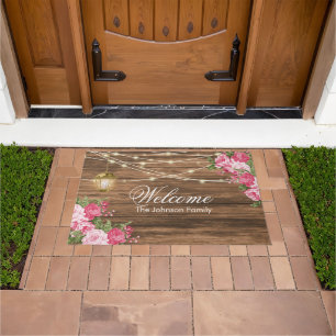 Welcome - Wood, Lantern and Mauve Flowers Doormat