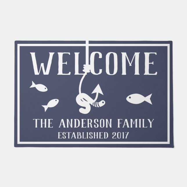Welcome Worm on a Hook & Fish Family Name Doormat (Front)