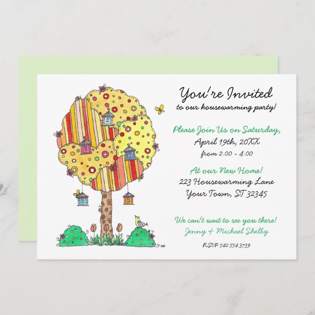 Welcoming Birdhouse Tree Housewarming Invitation (Front/Back)