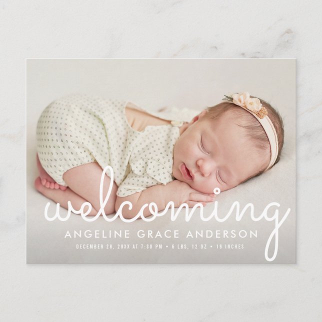 Welcoming | fun script baby announcement postcard (Front)