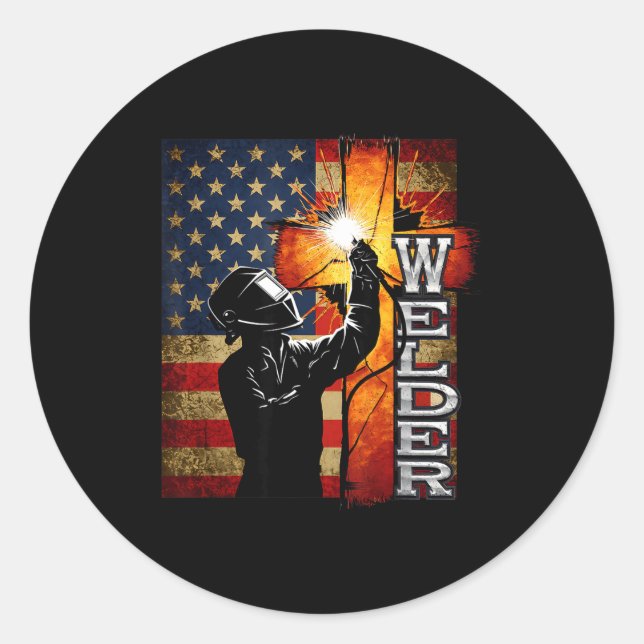 Welder American Flag Welding Faith Cross Christian Classic Round Sticker (Front)