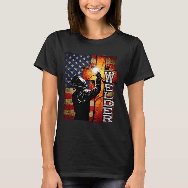 Welder American Flag Welding Faith Cross Christian T-Shirt (Front)